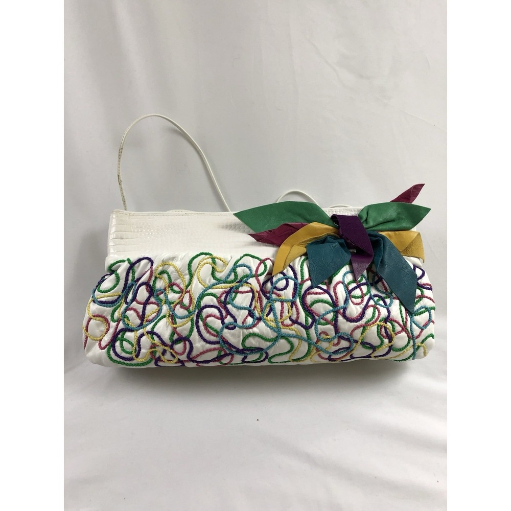 Vintage 80s Opulent Containers White Leather Crossbody Bag Abstract Bow Clutch - Picture 1 of 10